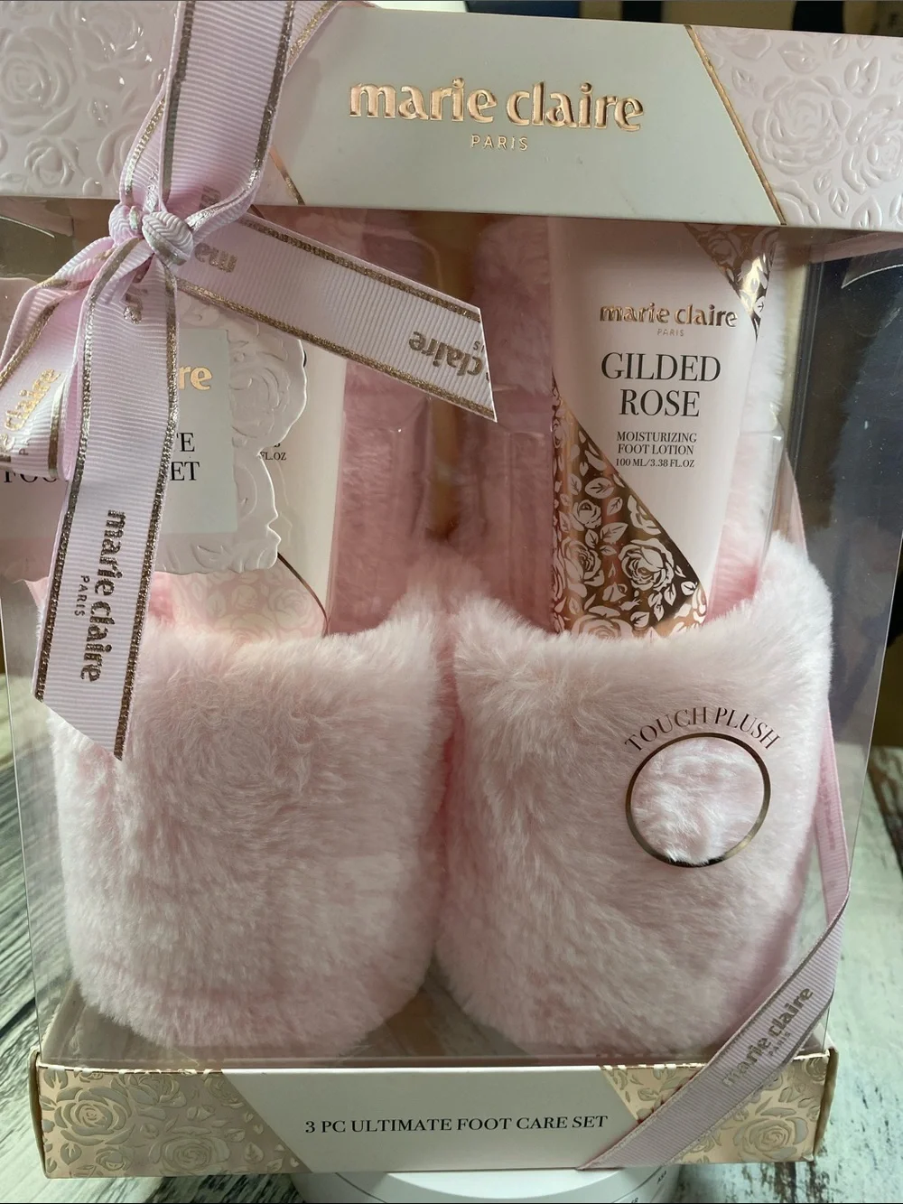 Marie Claire Gilded Rose 3 Pc Ultimate Foot Care Set w/ Plush Slippers NIB